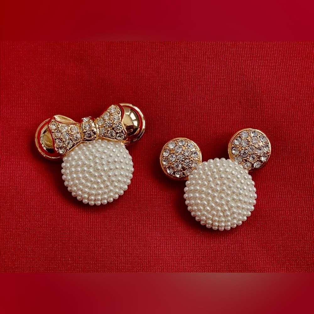 Vintage Disney Mickey & Minnie Mouse 3D icon face Gold Pearl Crystal Brooch Pin - Picture 2 of 4